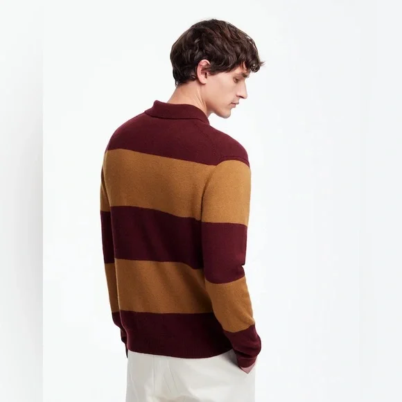 NWT Madewell Rugby-Stripe Sweater Polo Wool & Cashmere - Tan & burgundy Medium - Picture 6 of 9